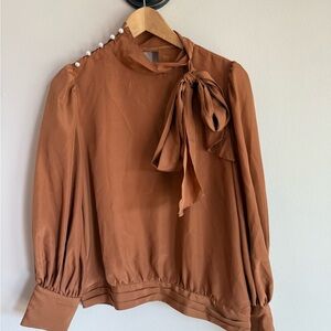 Elegant Brown Blouse with Bow Detail Pearl accents beautiful top